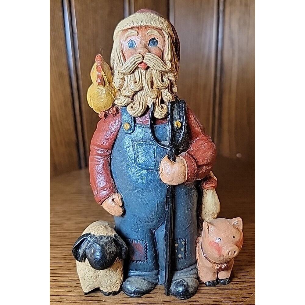 Santa Claus Country Christmas Folk Art Farm Animals Pig Chicken Statue Figure